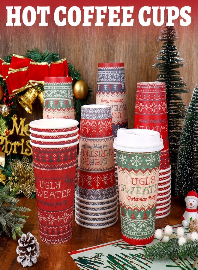 JarThenaAMCS 60Pcs Christmas Coffee Cups 16 Oz Vintage Ugly Sweater Merry Christmas Paper Cup with Lid Xmas Disposable Drinking Cups or Winter Party Hot Cold Drink Supplies - Image 3